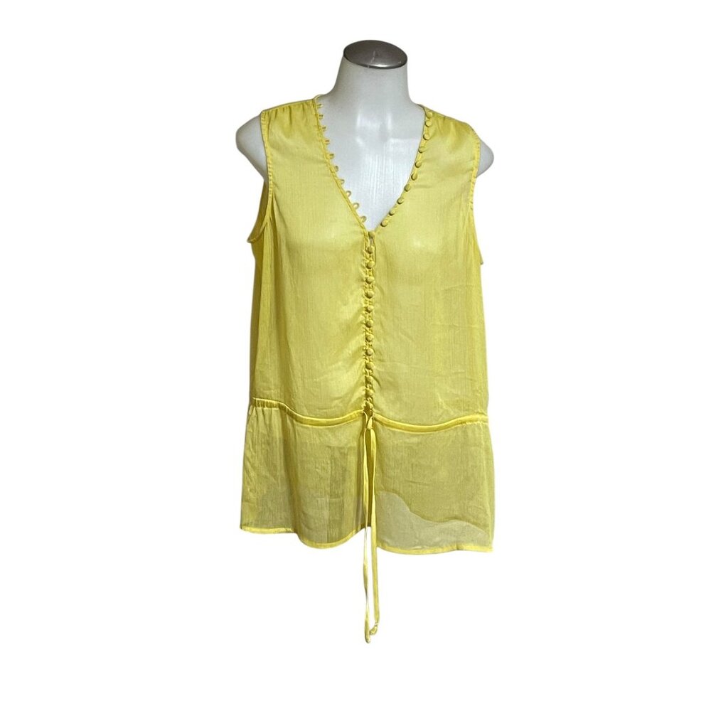 Chadwicks Womens Yellow‎ Sheer Sleeveless V-Neck Blouse L Button-Front Tie-Waist